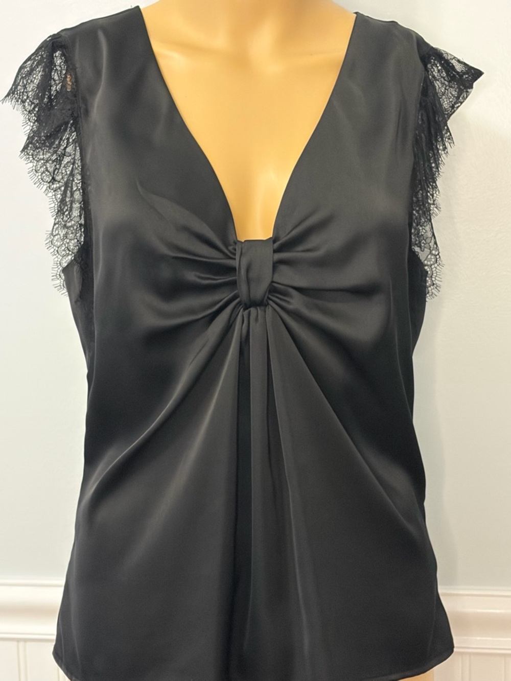 Express Black Satin Knot Front Top with Lace Cap Sleeves- express tops